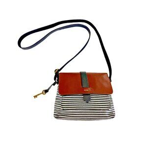 Fossil Leather Upper & Canvas Crossbody Shoulder Bag Striped With Key